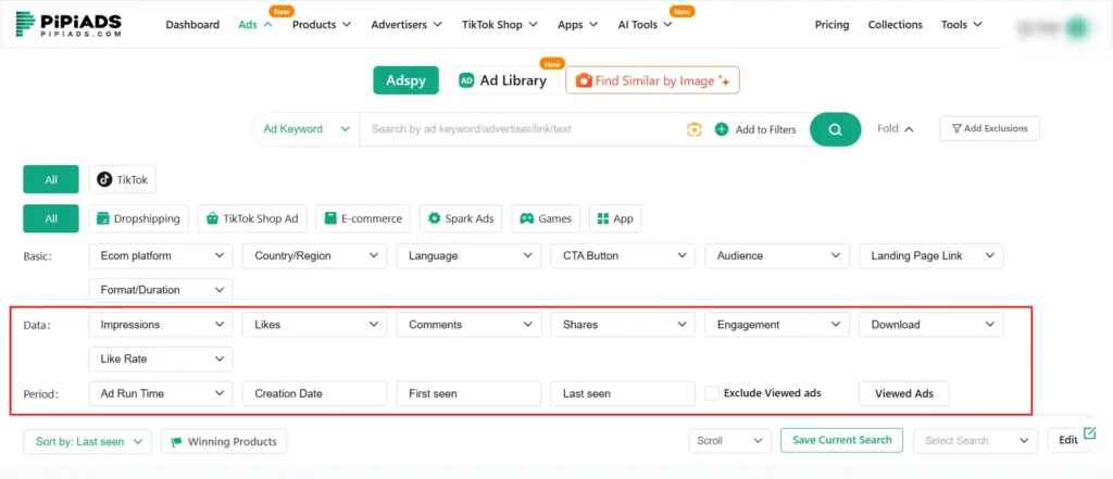 Performance and Engagement Metrics Filters by PiPiADS