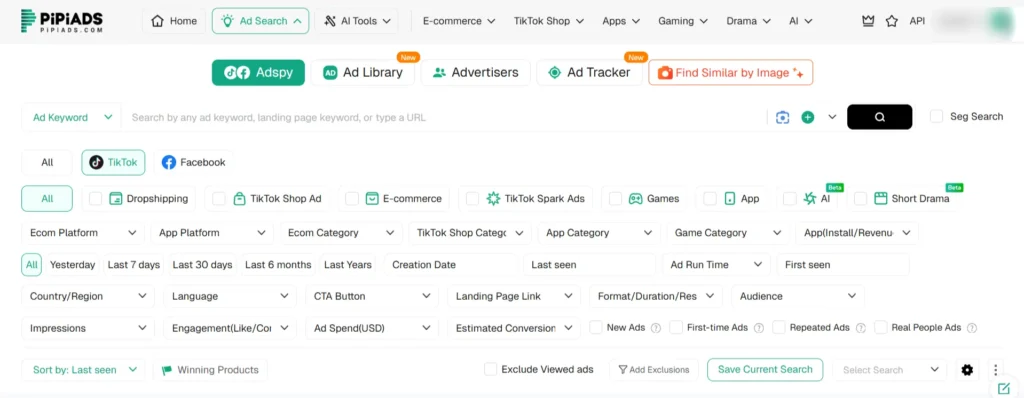 Pipiads Search Filters for TikTok spying