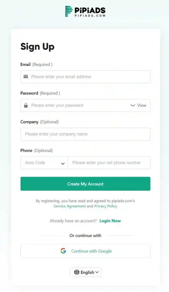 PiPiADS sign up page